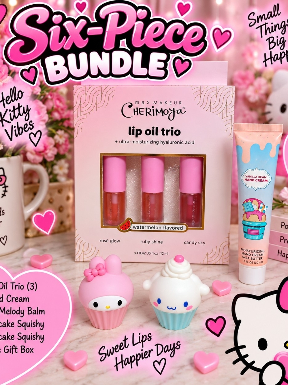 6 Peice Bundle Pink Lip Oil Trio - Watermelon Flavored
